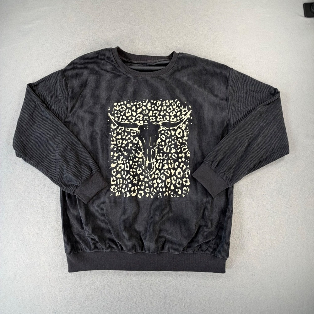 Dark Gray Corduroy Bull Graphic Sweatshirt Womens M Streetwear Y2K Western - Picture 1 of 10